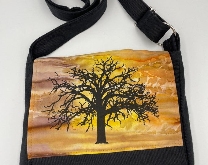 Oak Tree Silkscreen Messenger Bag 10” x 10” Sunset Batik