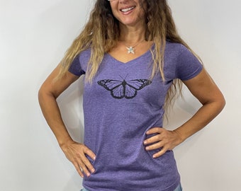 Butterfly Tshirt Ladies Purple Vneck