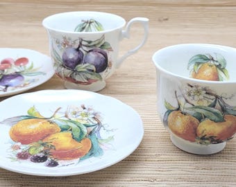 Signed Vintage Duchess Bone China Teacup Saucer Made in England Peach Cherry Floral