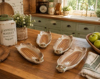 Vintage Ceramic Corn on Cob Serving Dishes Set of 4 Beige/Brown Retro Kitchenware