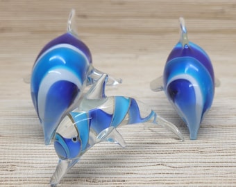 Art Glass Dolphin Set Blue Aqua White Murano Style Striped Figurines 5.5” 3.5”