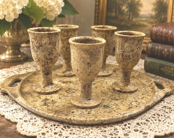 Vintage Marble Goblets Set Fossil Stone Wine Glasses Cheese Tray Barware Set