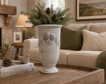 Pottery Vase White Pine Earthenware Bas Relief Pine Needles & Cones Rustic Decor