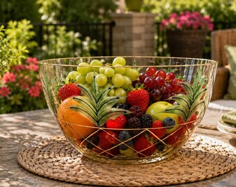 Romanian Handcrafted Crystal Pineapple Bowl Gold Hand Painted Fruit Punch Bowl