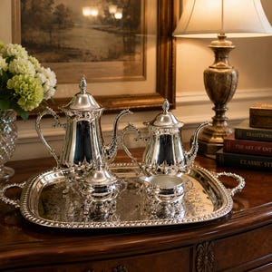 Vintage International Silver Co Silverplate Tea Service Coffee Pot Tea Kettle Tray