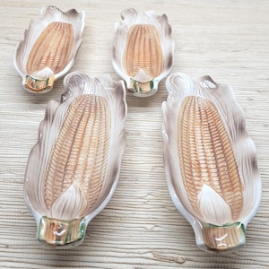 Vintage Ceramic Corn on Cob Serving Dishes Set of 4 Beige/Brown Retro Kitchenware