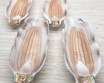 Vintage Ceramic Corn on Cob Serving Dishes Set of 4 Beige/Brown Retro Kitchenware