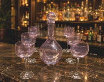 Handcrafted Romania Crystal Decanter Lavender Etched Elegant Barware Glass