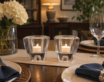 Set of 2 Crystal Two-Way Glass Candle Holders, Clear Votive Tealight 3”