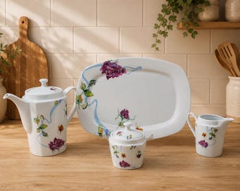 Vintage Pegasus Fine Porcelain Butterfly Tea Set, Teapot, Sugar Creamer Tray