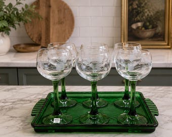 Vintage Green Stem Etched Wine Glasses Set of Six with Tray, Elegant Barware Entertaining