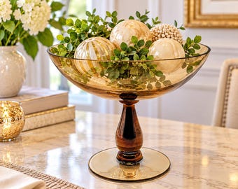 Krosno Poland Smoky Amber Glass Pedestal Compote Bowl Elegant Centerpiece Dining Table Home Decor