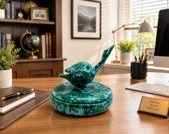 Mid Century Modern Green Duck Dish Covered Trinket Bowl Vintage Ring Neck Pottery