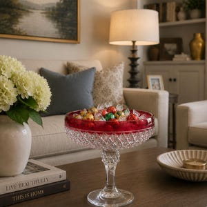 May include: A clear glass pedestal bowl with a deep red rim and a diamond-cut pattern on the exterior. The bowl is filled with assorted round candies wrapped in shiny gold, red, and green foil, resting on a sturdy, matching glass base.