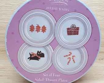 Vintage Sakura Holiday Wishes Christmas Plates Set 4 8” Oneida Holiday Dinnerware
