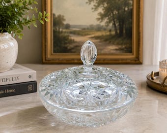 Vintage Anchor Hocking Star of David Covered Candy Dish Glass Trinket Jar 7.25”