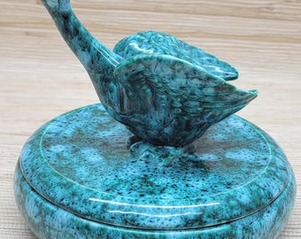 Mid Century Modern Green Duck Dish Covered Trinket Bowl Vintage Ring Neck Pottery