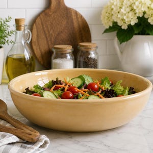 May include: A large, round, light beige ceramic serving bowl filled with a fresh salad containing sliced cucumbers, cherry tomatoes, and shredded carrots, accompanied by two wooden salad serving utensils resting on a white cloth.