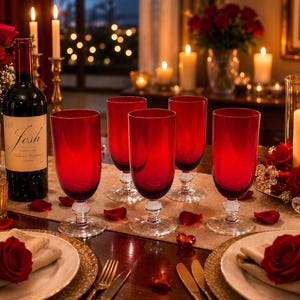 May include: A set of four tall red glass goblets with clear stems and bases arranged on a table. The table is set with white plates, folded napkins topped with red roses, a bottle of Josh Cabernet Sauvignon, and several lit candles.
