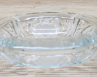 Vintage glass catchall dish, KIG Indonesia Glass Ashtray 6” 4 Slot Rose Design Clear Decor.