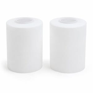 May include: Two cylindrical lamp shades made of frosted white glass. Each shade features a smooth, matte surface with a circular opening at the top, designed to fit onto a light fixture. The design is simple, vertical, and uniform in shape.