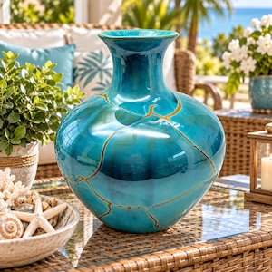 May include: A large, glossy, turquoise ceramic vase with a wide, rounded body and a flared neck. The surface features prominent, irregular gold-colored crack-like lines that traverse the exterior, creating a distinct, fractured appearance.