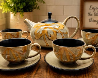 Pier 1 Kioko Tan Stoneware Tea Set 9 Piece Hand Painted Teapot Cups