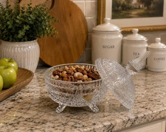 Vintage Poland 24% Lead Crystal Footed Candy Dish w Lid Etched Glass Bowl