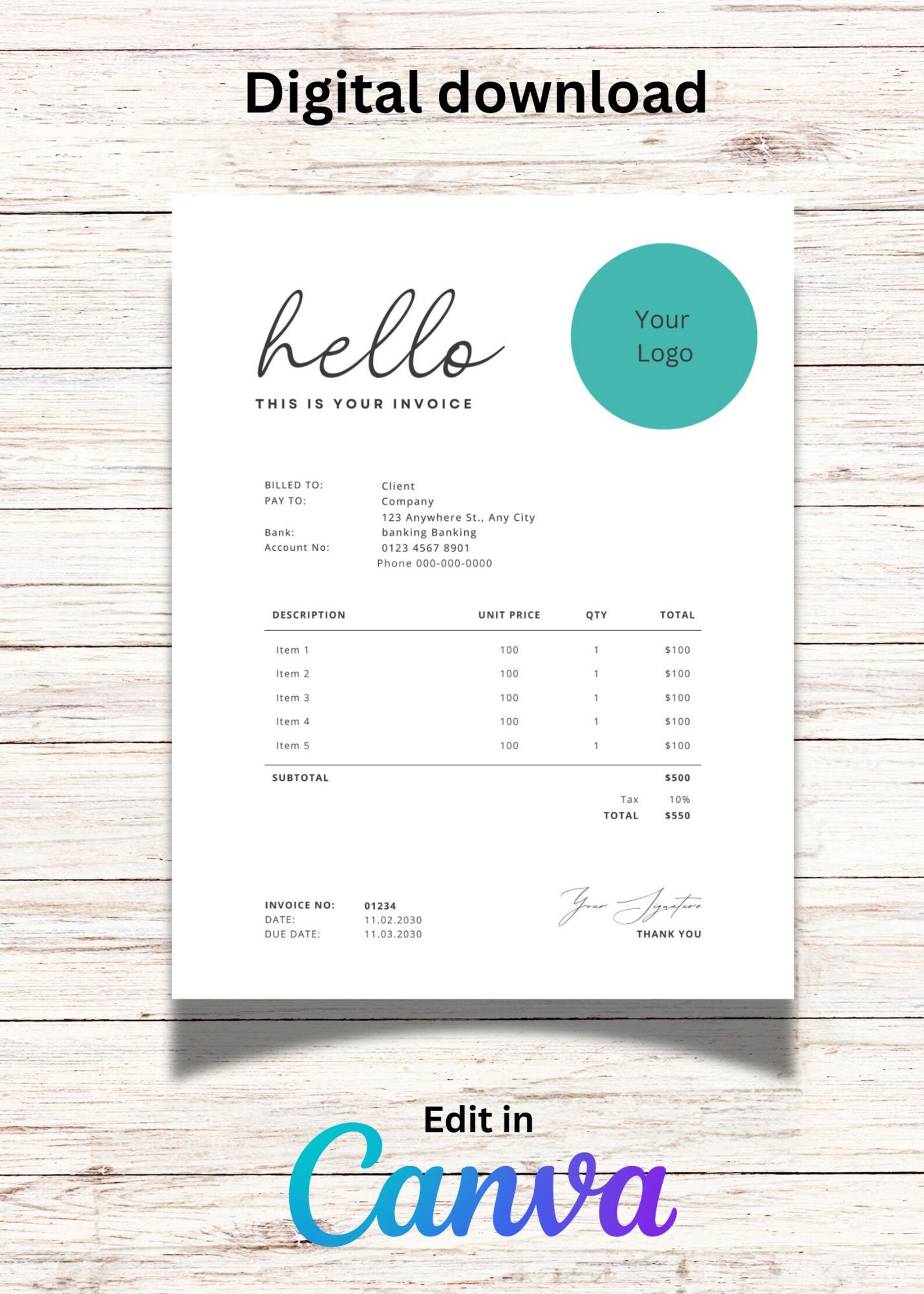 Modern Client Invoice, Minimalist Invoice Template Download, Small ...