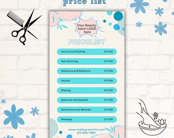 Editable Beauty Salon Price List Template, Canva Design (Digital Download)