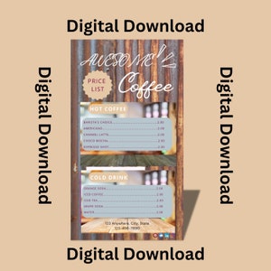 Op de afbeelding: Een rustiek houten bord met een prijslijst voor warme en koude dranken. Het bord zegt "Awesome Coffee" en vermeldt prijzen voor dranken zoals barista's keuze, americano, caramel latte, espresso shot, sinaasappelsoda, ijskoffie, ijsthee, druivensoda en water. Het bord bevat ook contactgegevens voor het bedrijf.