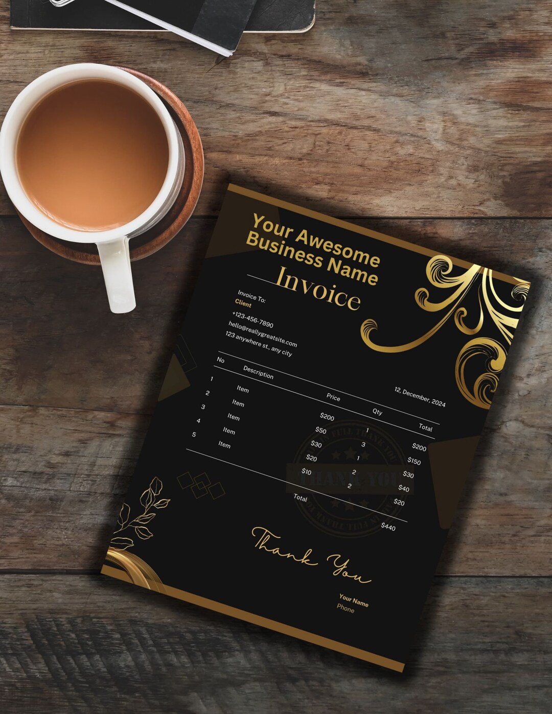 Black and Gold Business Invoice Template, Elegant Design (canva ...