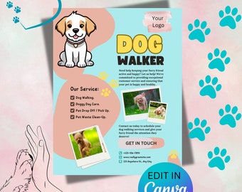 May include: A flyer for a dog walker service with a cartoon dog illustration. The flyer includes the text "DOG WALKER" and lists services such as dog walking, doggy daycare, pet drop-off/pick-up, and pet waste clean-up. The flyer also includes contact information and the phrase "EDIT IN Canva."