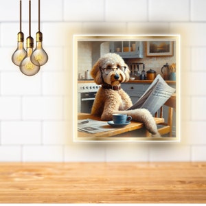 Cute Dog Wall Art, Coffee Lover Gift, Labradoodle Coffee Dog Art Print, Hipster Dog Dorm Bar Poster, Kitchen Art Print, oil painting