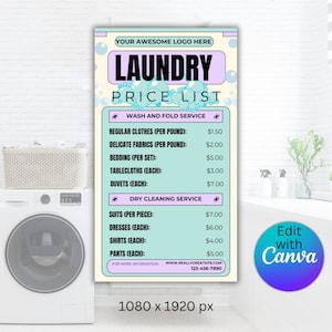Lista de preços de serviços de lavanderia editável, modelo de publicidade para lavanderia Canva, lavanderia personalizável, lavagem e dobra profissional para empresas