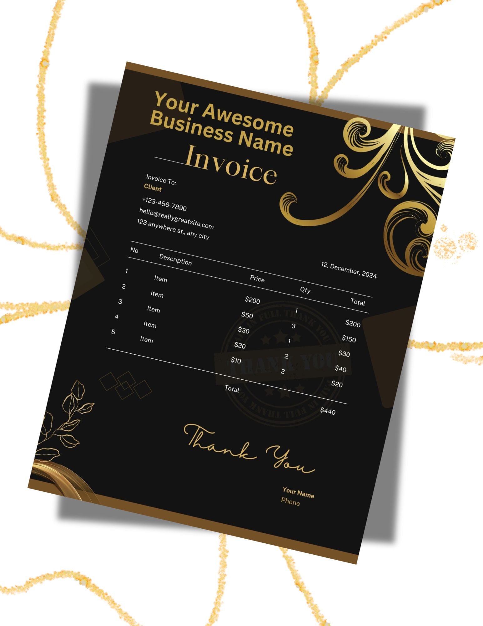 Black and Gold Business Invoice Template, Elegant Design (canva ...