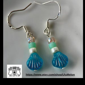 Handmade aqua Czech glass shell earrings, silver earrings, aqua beach earrings for woman, birthday gift earrings, handmade jewelry
