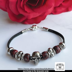 Leather skull bracelet, Goth genuine leather bracelet, gift for woman, skull bracelet, genuine leather, silver bracelet, Halloween jewelry