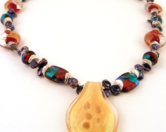 Long Beaded Statement Necklace Venetian Glass Murano Pendant Keshi Pearl