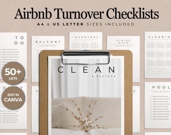 Checklista för städning på Airbnb-kontor för Airbnb-värdar, anpassningsbar checklista, påfyllning och inventering för gästomsättning, mall i Canva.
