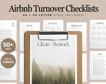 Checklista för städning på Airbnb-kontor för Airbnb-värdar, anpassningsbar checklista, påfyllning och inventering för gästomsättning, mall i Canva.