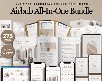Könnte beinhalten: Ein digitales Produktpaket für Airbnb-Gastgeber mit 275 Seiten druckbarer Vorlagen und Anleitungen. Das Paket enthält Vorlagen für Willkommensleitfäden, Hausregeln, lokale Verzeichnisse, Reinigungschecklisten und mehr. Die Vorlagen sind in einem minimalistischen Stil mit einer neutralen Farbpalette in Beige, Weiß und Braun gestaltet.