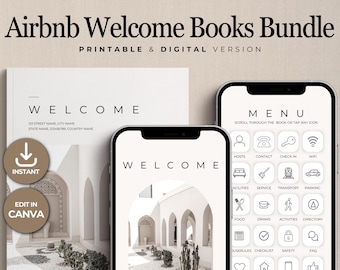 Puede incluir: Un paquete de libros de bienvenida digital e imprimible para anfitriones de Airbnb. La portada presenta una foto de un patio blanco con arcos y plantas. El libro incluye un menú con iconos para anfitriones, contacto, registro, Wi-Fi, instalaciones, servicio, transporte, estacionamiento, comida, bebidas, actividades, directorio, reglas de la casa, lista de verificación, seguridad, preguntas frecuentes, reseñas, más, redes sociales y gracias.