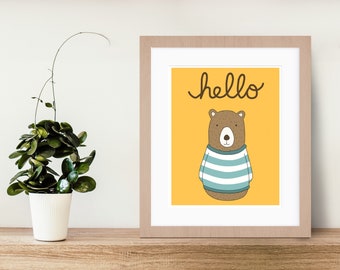 Hello Bear Print, Fine Art Print by Kate Durkin, Nursery Alphabet Art