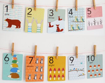 Forest Numbers Counting Card Set, Nursery Wall Cards, Numbers 1-10 Flash Cards, Numbers Fine Art Prints, Counting Cards