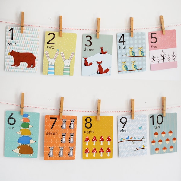 Wald Zahlen zählen Karte gesetzt, Kinderzimmer Wand Karten, Zahlen von 1-10-Flash-Karten, Zahlen Kunstdrucke, zählen der Karten