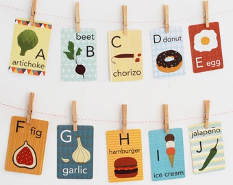 Food Alphabet Card Set, Nursery Wall Cards, Food Alphabet Flash Cards, Alphabet Fine Art Prints, ABC Cards