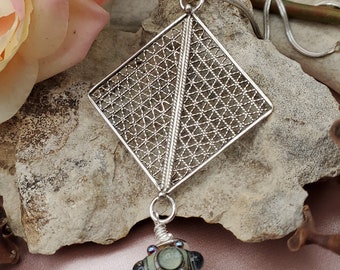 Handmade Fine Silver .999 Corrugated Filigree Pendant with Sterling Silver Accents and Handmade Lampwork Bead