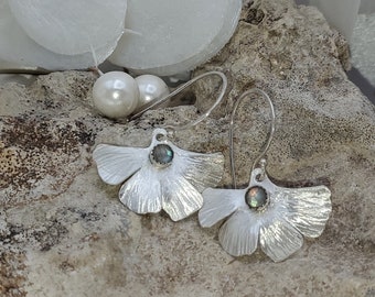 Ready to Ship - Hand Textured Brushed Silver & Faceted Labradorite Gingko Leaf Earrings