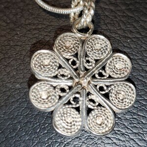 Handmade Sterling Silver .925 Filigree Flower Pendant with Granulation and 4mm Turquoise Cabochon image 7
